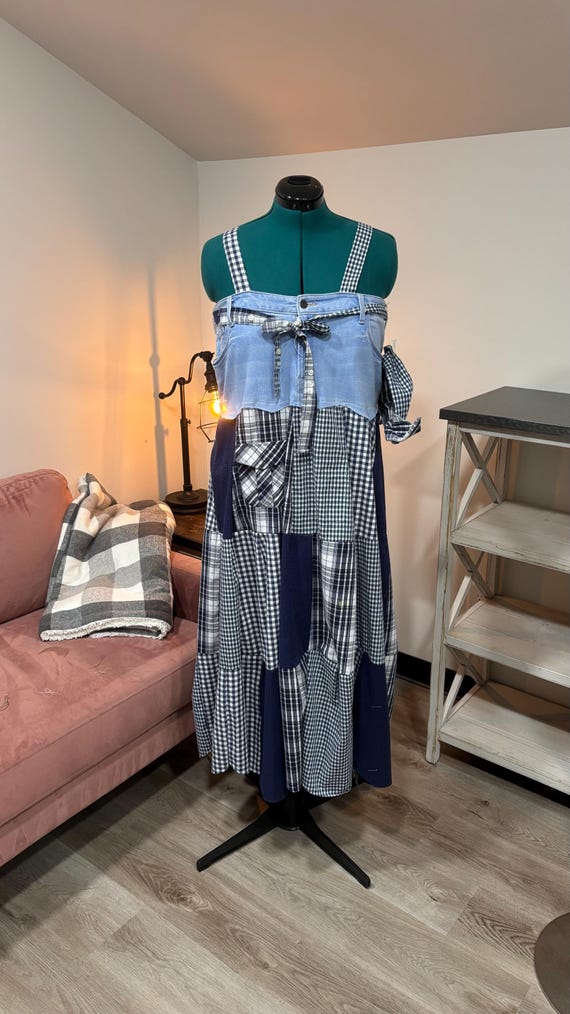 denim patchwork maxi dress – Upcycled & Dress Shirt Fabric (One of a Kind) Bottom Size:40x30 Light Blue Floral Burnout monkstrap-shoes Britney Karli is wearing a