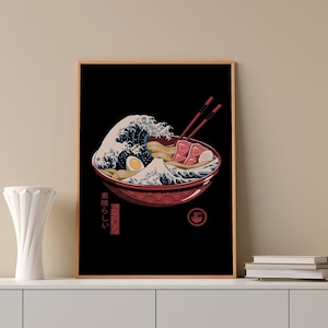 Japanese Ramen Bowl Printable Wall Art,Great Wave off Kanagawa Print,Ramen Noodles Wave Painting,Katsushika Hokusai Kitchen Wall Art