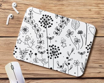Mouse Pad Black White boho floral doodle minimalist doodle design cute mousepad cute mouse pad modern gift cute gift coworker gift boho gift