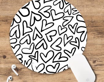 Mouse Pad Black White Hearts minimalist doodle heart cute mousepad cute modern gift gift coworker gift fun office desk accessory