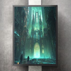 Surreal Sci-Fi Cathedral Art Print: Futuristic Tech-Inspired Wall Decor (Digital Download)