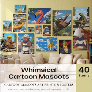 Set of 40 Whimsical Cartoon Mascots - Colorful Digital Art, Playful Characters for Kids Decor, Instant Download Wall Gallery Art Prints
