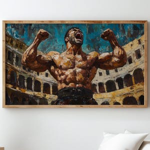 Puede incluir: Una pintura de un hombre musculoso con el pecho desnudo y un taparrabos oscuro, de pie en una arena romana con los brazos levantados en señal de victoria. El hombre está gritando con la boca abierta y los ojos cerrados. La pintura está realizada en un estilo realista con una pincelada texturizada.