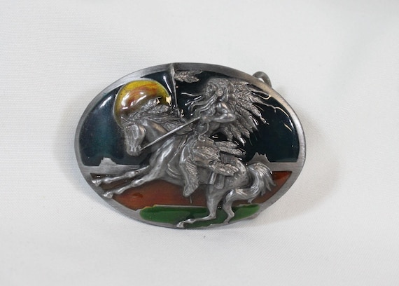 Vtg Siskiyou Big Belt Buckle Native American Indian on Horse  display picture 1
