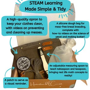 Może przedstawiać: Brązowe pudełko z napisem "Bread & Butter" i "STEAM Learning Made Simple & Tidy" na pokrywie. Pudełko zawiera zielony fartuch, silikonowy worek na ciasto, łyżkę miarową i naszywkę z napisem "Leave No Crumbs".