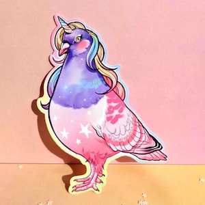 May include: A whimsical sticker featuring a pigeon with a unicorn horn and rainbow mane. The bird's body transitions from purple to pink, adorned with white stars and heart-shaped patterns. The sticker has a white border and is set against a pink background.