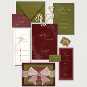 Burgundy & Olive Wedding Stationary Bundle | Editable Wedding Invitation Suite | Moody Canva Template Set