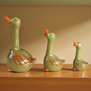 Ceramic Goose Figurines Set of 3 – Underglaze Multicolor Animal Decor, Cute Farmhouse Goose Ornaments, Duck Figurines for Shelf or Table