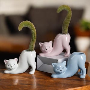 Stretching Cat Ceramic Planter - Cute Kitty Succulent Pot, Decorative Cat Flower Pot for Plants, Home & Office Decor, Gift for Cat Lovers
