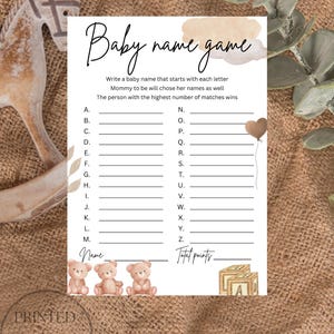 PRINTED Baby Shower Game| Set of 40 | Baby name game | Teddy Bear themed | Fun activities for family and friends | Gender Neutral design