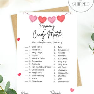 PRINTED & SHIPPED: Baby Shower Game| Pregnancy candy match game | Valentine theme| Hearts and love | Fun activities| Mom to be| Set of 40 |