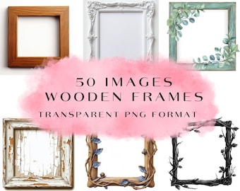 Wooden Frames Clipart Set - 50 PNG Illustrations, Rustic Digital Decor, Scrapbooking, Instant Digital Download, Unlimited Commercial Use