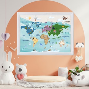 Carte du monde enfant à imprimer – Animaux & continents – Affiche éducative ludique – Décoration chambre – Format PDF A2