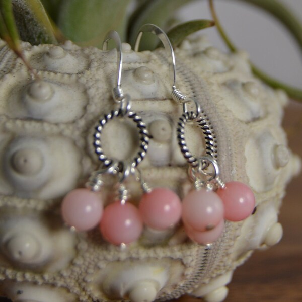 Pink Coral cluster Earrings on hooks. Handmade, wire wrapped, sterling silver, gold plated. Natural Coral gemstone beads.