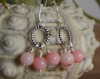 Pink Coral cluster Earrings on hooks. Handmade, wire wrapped, sterling silver, gold plated. Natural Coral gemstone beads.