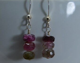 Natural Tourmaline rondelle earrings. Chip & natural gemstone, Sterling silver, gemstone, wire wrapped, handmade, drop, colorful.