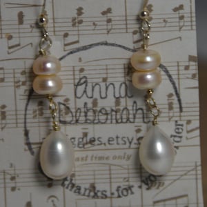 Pale pink & white Freshwater Pearl tear drop earrings. Sterling silver, wire wrapped, wedding jewelry, bridal jewelry, June birthstone.