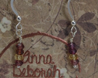 Simple yet beautiful Garnet & Citrine Sterling silver earrings. Handmade, wire wrapped, January birthstone, November. Red, yellow, faceted.