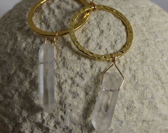 Natural Quartz Crystal Handmade Earrings. Natural, gemstone, wire wrapped, dangle earrings. Hoop earrings, silver plated, gold plated.