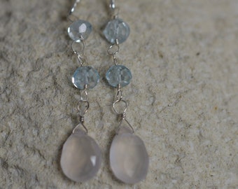 Delicate Rose Quartz briolette & Aquamarine rondelle earrings. Gemstone briolette, Sterling silver, handmade, wire wrapped.