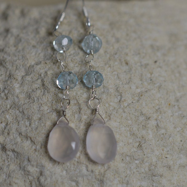 Delicate Rose Quartz briolette & Aquamarine rondelle earrings. Gemstone briolette, Sterling silver, handmade, wire wrapped.