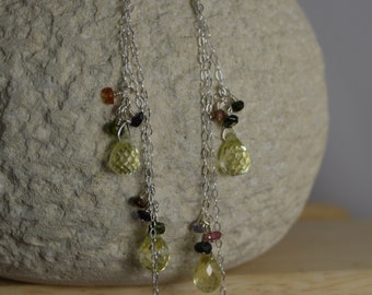 Lemon Quartz Teardrop & Tourmaline long Sterling Silver earrings. Handmade, wire-wrapped, sterling silver earrings. Gemstones, long drop.