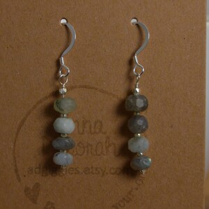 Labradorite Rondelle with Aquamarine gemstone Accent Sterling Silver earrings. Handmade, wire wrapped, dangle earrings. March birthstone.