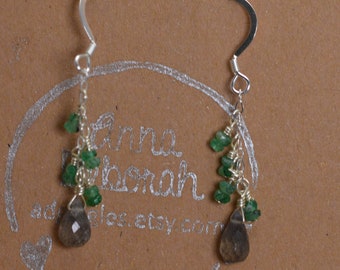 Dainty Emerald & Labradorite briolette Sterling silver earrings. Handmade, wire wrapped, gemstone, green, grey, dangle earrings.