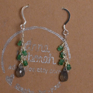 Dainty Emerald & Labradorite briolette Sterling silver earrings. Handmade, wire wrapped, gemstone, green, grey, dangle earrings.