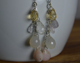 Pink Coral, white Chalcedony, Quartz, Rose quartz & Citrine tear drop Sterling silver Earrings. Handmade, wire wrapped, delicate, gemstone.