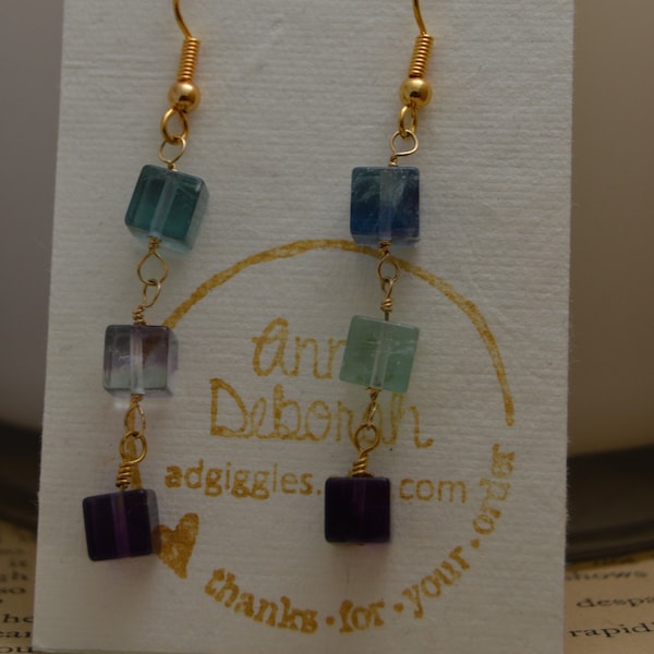 Square Fluorite earrings. Gemstone, natural, handmade, wire wrapped. Gold plated brass, Sterling silver. Purple, green, blue.