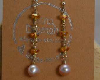 Pink Freshwater Pearl & orange Czech glass earrings. Sterling silver, wire wrapped, pearl jewelry, orange, pink.