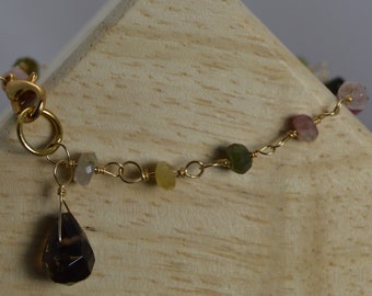 Tourmaline rondelle & Smoky Quartz briolette bracelet. Handmade, wire wrapped, gemstone, Sterling silver, Gold plated, October birthstone.