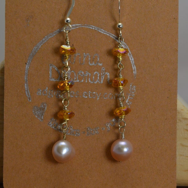 Pink Freshwater Pearl & orange Czech glass earrings. Sterling silver, wire wrapped, pearl jewelry, orange, pink.