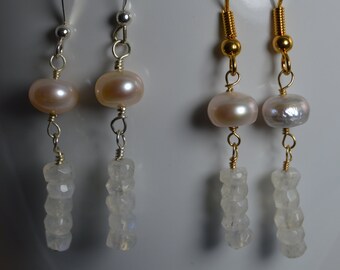 Light Pink Pearl with Moonstone Rondelle Earrings. Handmade, wire wrapped, dangle earrings. Pink, iridescent, gemstone drop earrings.