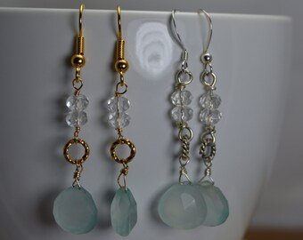 Aqua Chalcedony briolette Sterling silver or Gold plated brass with Quartz gemstone earrings. Handmade, wire wrapped, long drop, gemstone.
