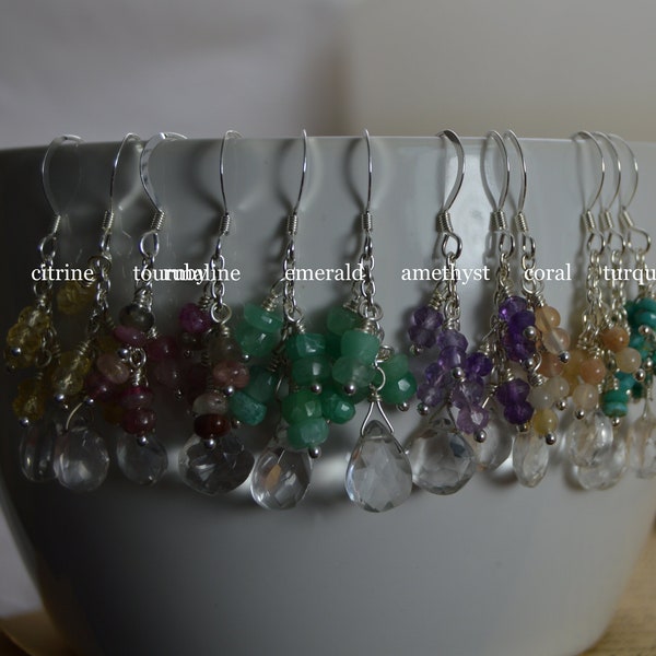 Quartz Briolette & Gemstone Earrings. Amethyst, Emerald, Coral, Peridot, Pink Tourmaline, Turquoise, Emerald, Citrine, Quartz.