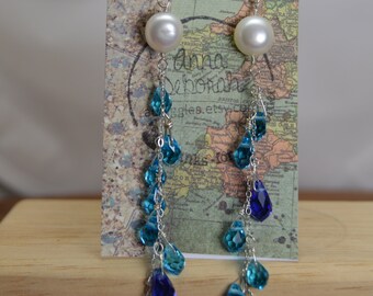 White Freshwater Pearls & Czech glass teardrop earrings. Wire wrapped, handmade, Sterling silver, something blue, faceted, beaded jewelry.