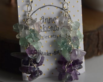 Colorful Fluorite gemstone cluster earrings. Wire wrapped, handmade, Sterling silver, gemstone chip, beaded jewelry. Green, purple, clear.