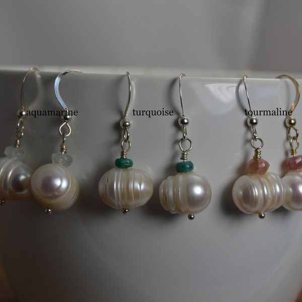 Freshwater Pearl & Gemstone earrings. Sterling silver, handmade, wire wrapped. Turquoise, Peridot, Garnet, Tourmaline, Aquamarine, Citrine.