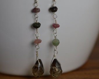 Tourmaline rondelle & Smoky Quartz earrings. Handmade, wire wrapped drop earrings. Gemstone, Sterling silver, October birthstone.