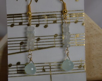 Natural Aquamarine faceted chip & Onion Teardrop Gemstone earrings. Sterling silver, wire wrapped, handmade, long drop, March birthstone.