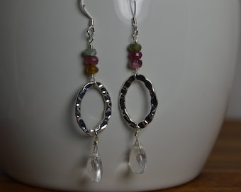 Silver-Plated brass oval hoop with Tourmaline & Quartz briolette earrings. Wire wrapped, handmade, gemstone, October birthstone.