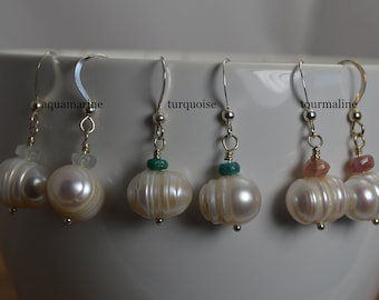 Freshwater Pearl & Gemstone earrings. Sterling silver, handmade, wire wrapped. Turquoise, Peridot, Garnet, Tourmaline, Aquamarine, Citrine.