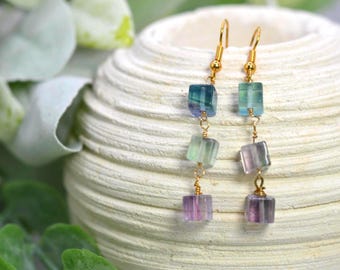 Square Fluorite gemstone earrings