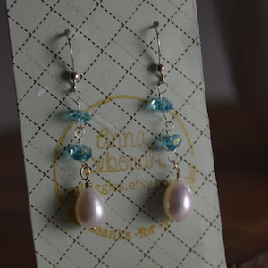 White Freshwater Pearl teardrop & blue Czech glass earrings. Sterling silver, wire wrapped, wedding jewelry, bridal jewelry, something blue.