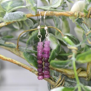 May include: A pair of drop earrings featuring a vertical strand of small, round, faceted beads in an ombre colour gradient. The beads transition from a light pink at the top to a deep, dark magenta at the bottom, suspended from silver-toned hooks.