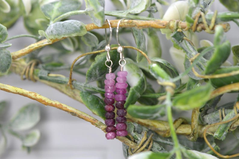 May include: A pair of drop earrings featuring a vertical strand of small, round, faceted beads in an ombre colour gradient. The beads transition from a light pink at the top to a deep, dark magenta at the bottom, suspended from silver-toned hooks.