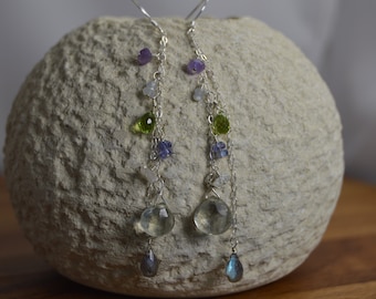 Moonstone, Amethyst, Tanzanite, Labradorite, Peridot & Quartz Sterling silver Earrings. Long drop, handmade, wire wrapped, delicate.