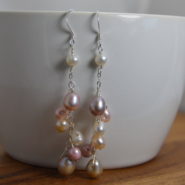 Shades of Pink & shades of Peach Freshwater Pearl earrings. Sterling silver, wire wrapped, pearl clusters, long drop, wedding jewelry.
